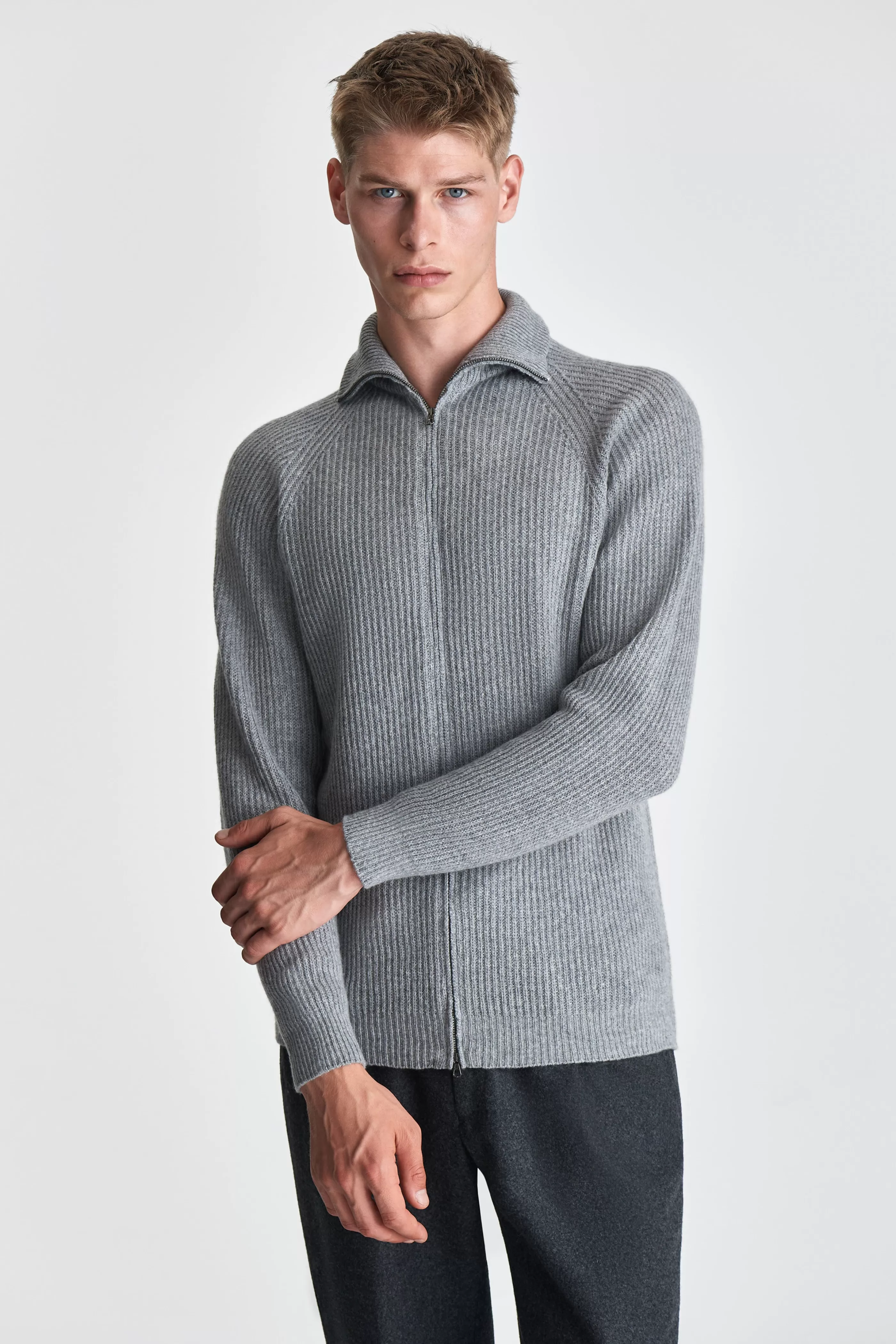 Thom Sweeney Cashmere Zip-Through Fisherman Rib Sweater