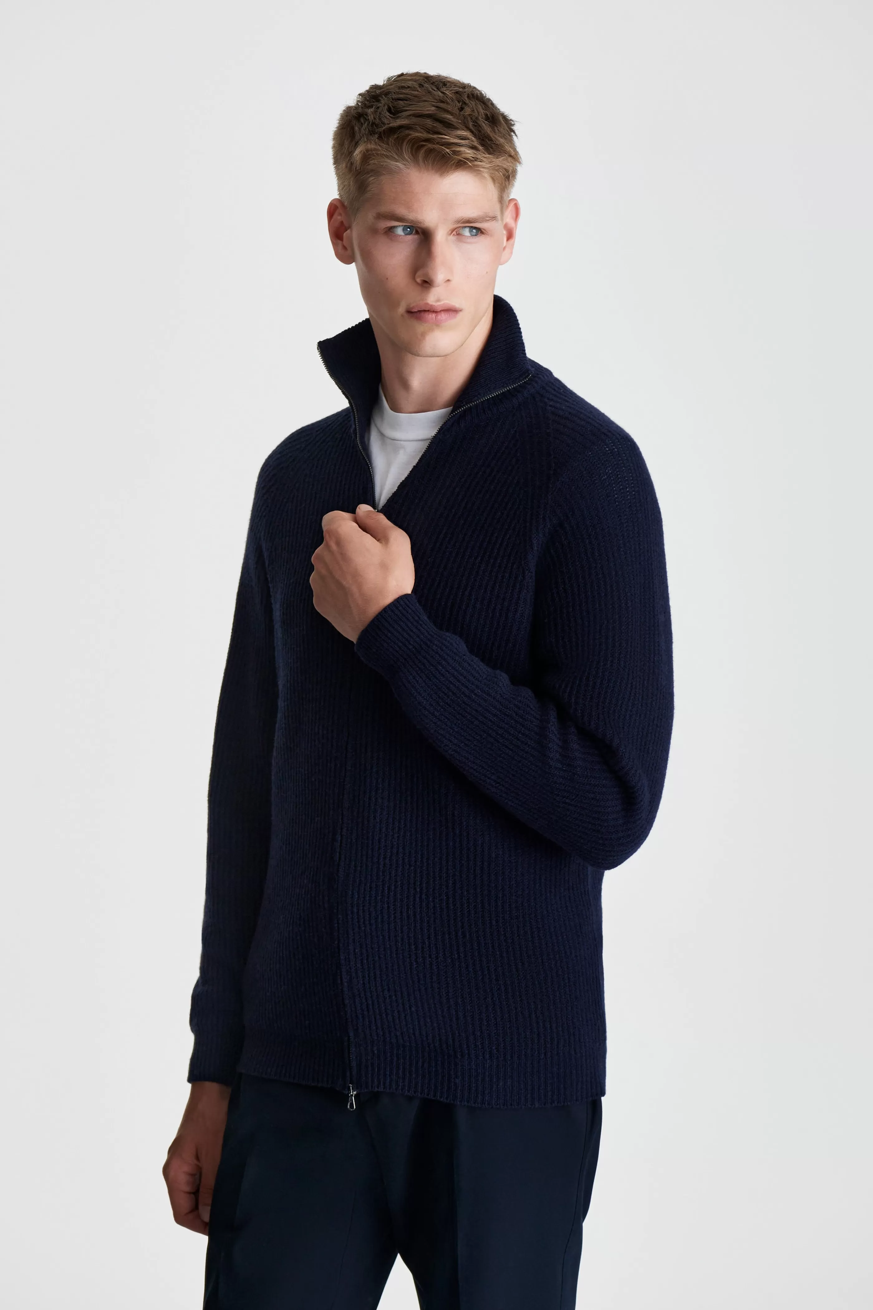 Thom Sweeney Cashmere Zip-Through Fisherman Rib Sweater