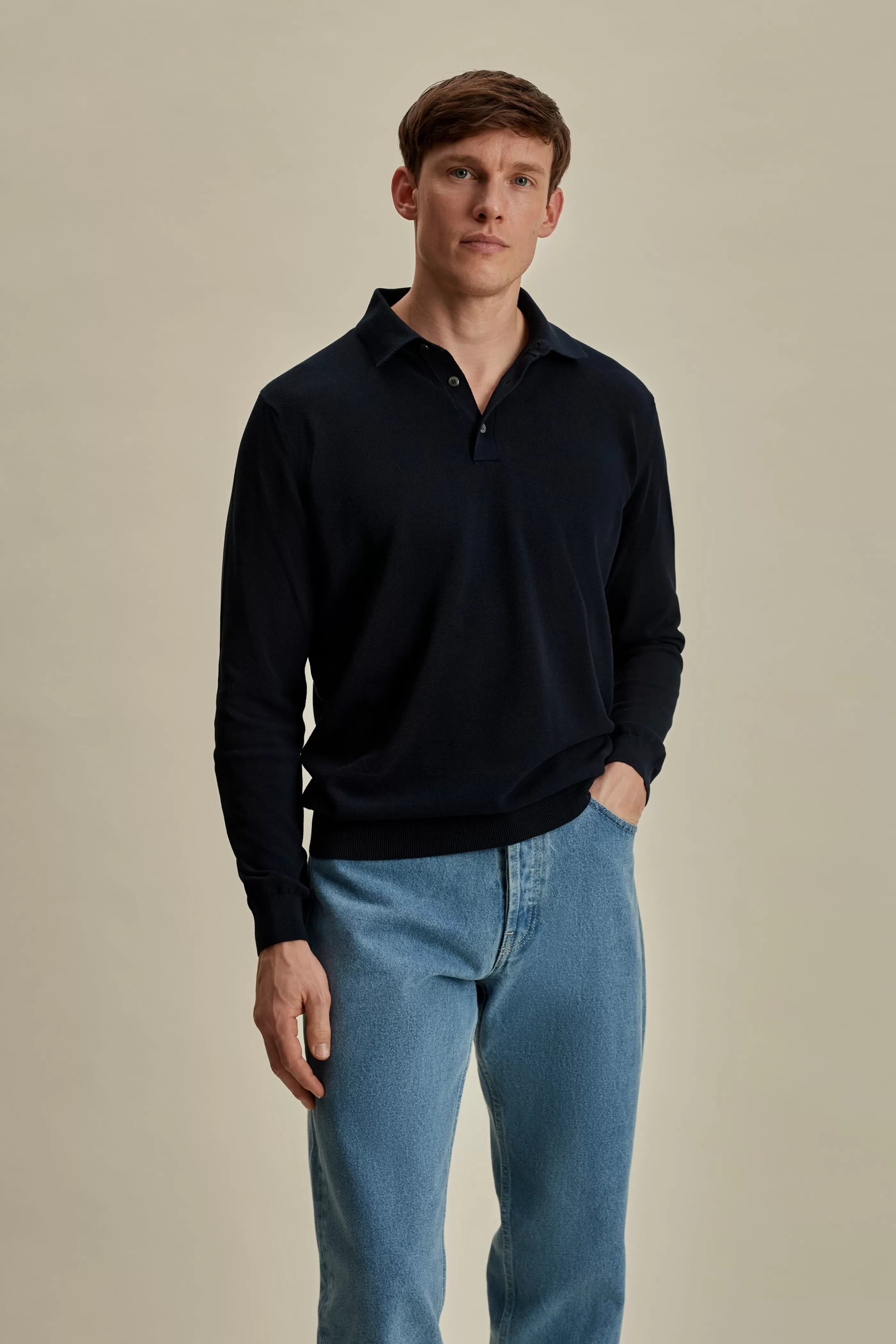 Thom Sweeney Cotton Air Crepe Long Sleeve Polo Shirt