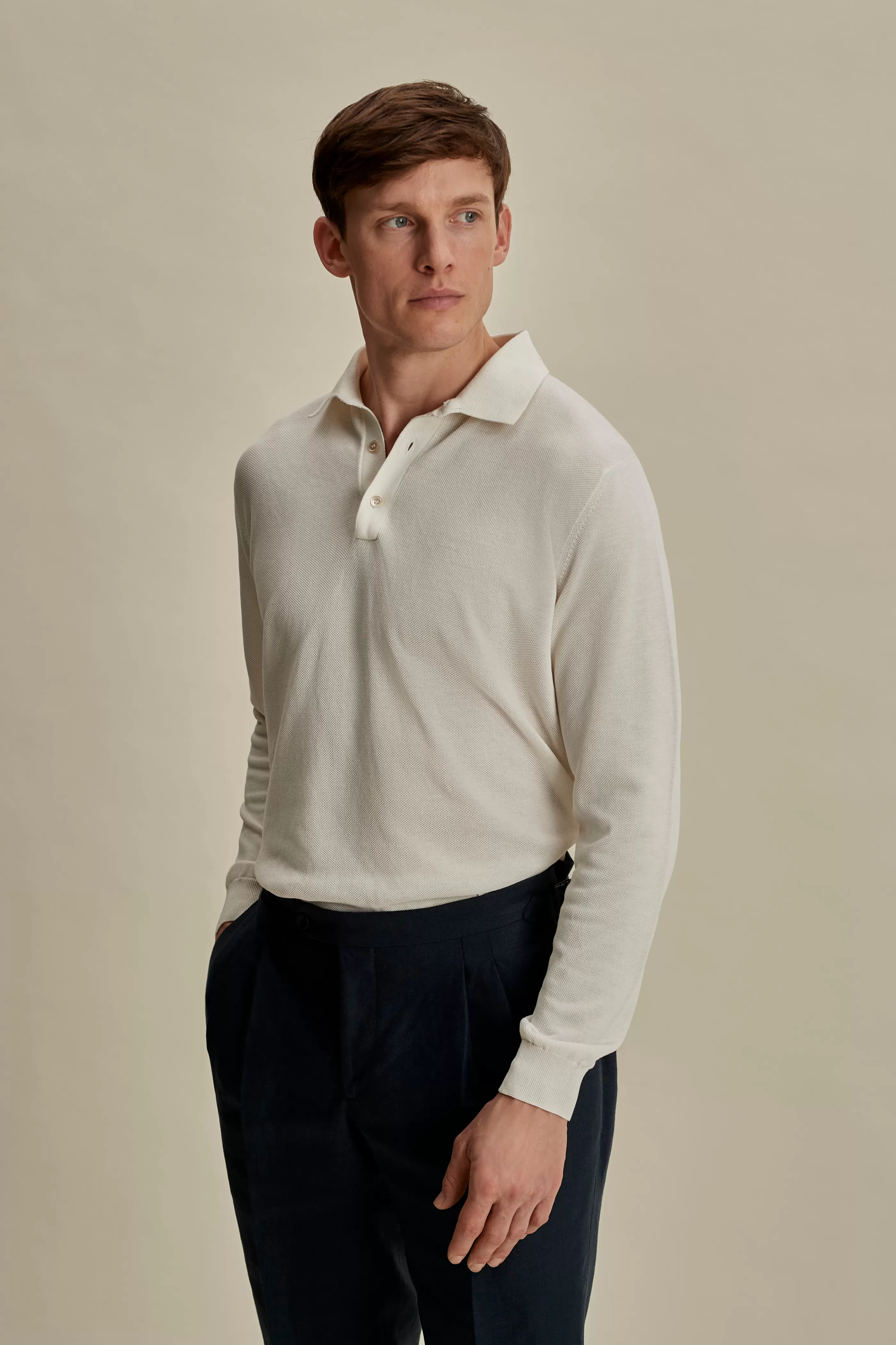 Thom Sweeney Cotton Air Crepe Long Sleeve Polo Shirt