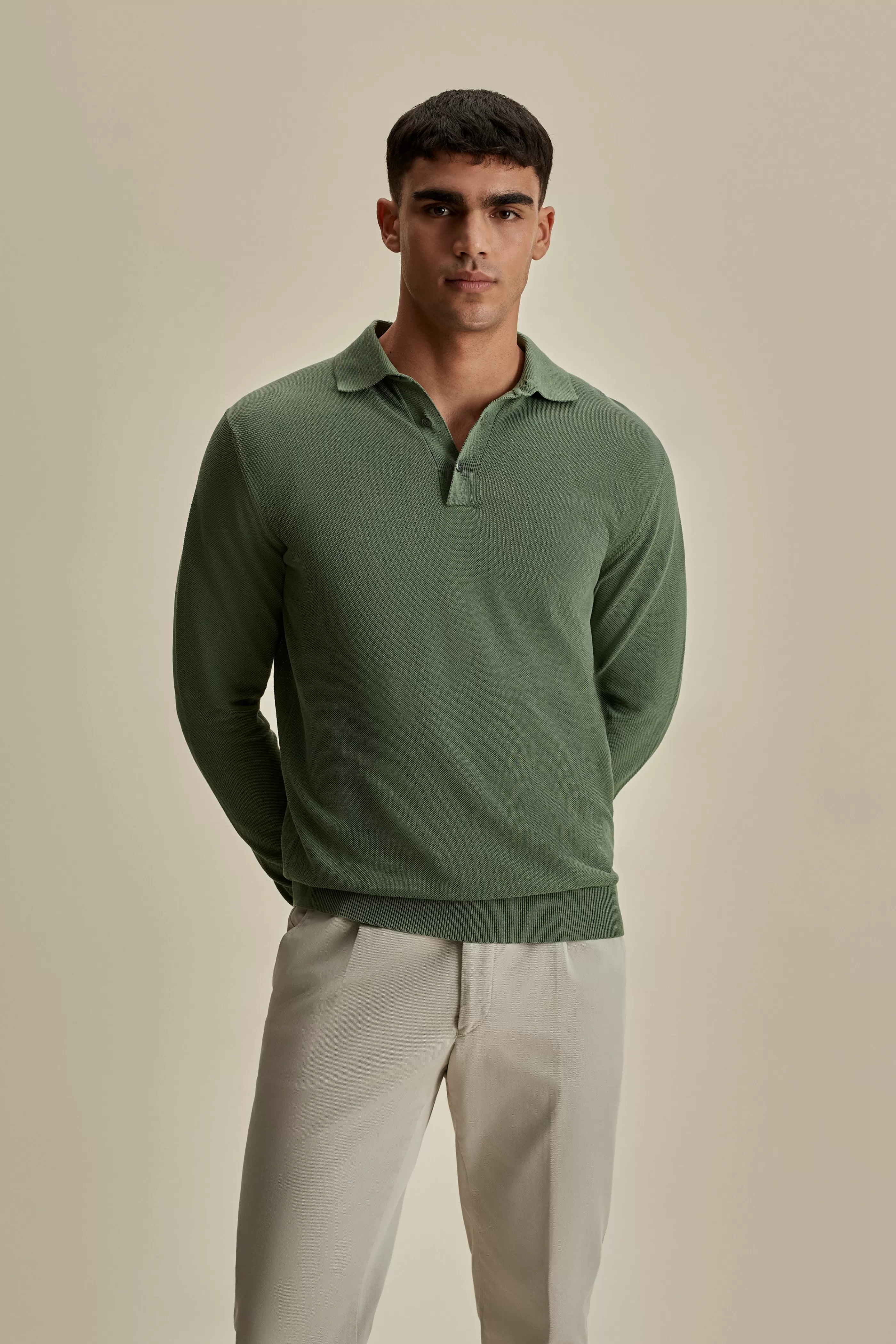 Thom Sweeney Cotton Air Crepe Long Sleeve Polo Shirt