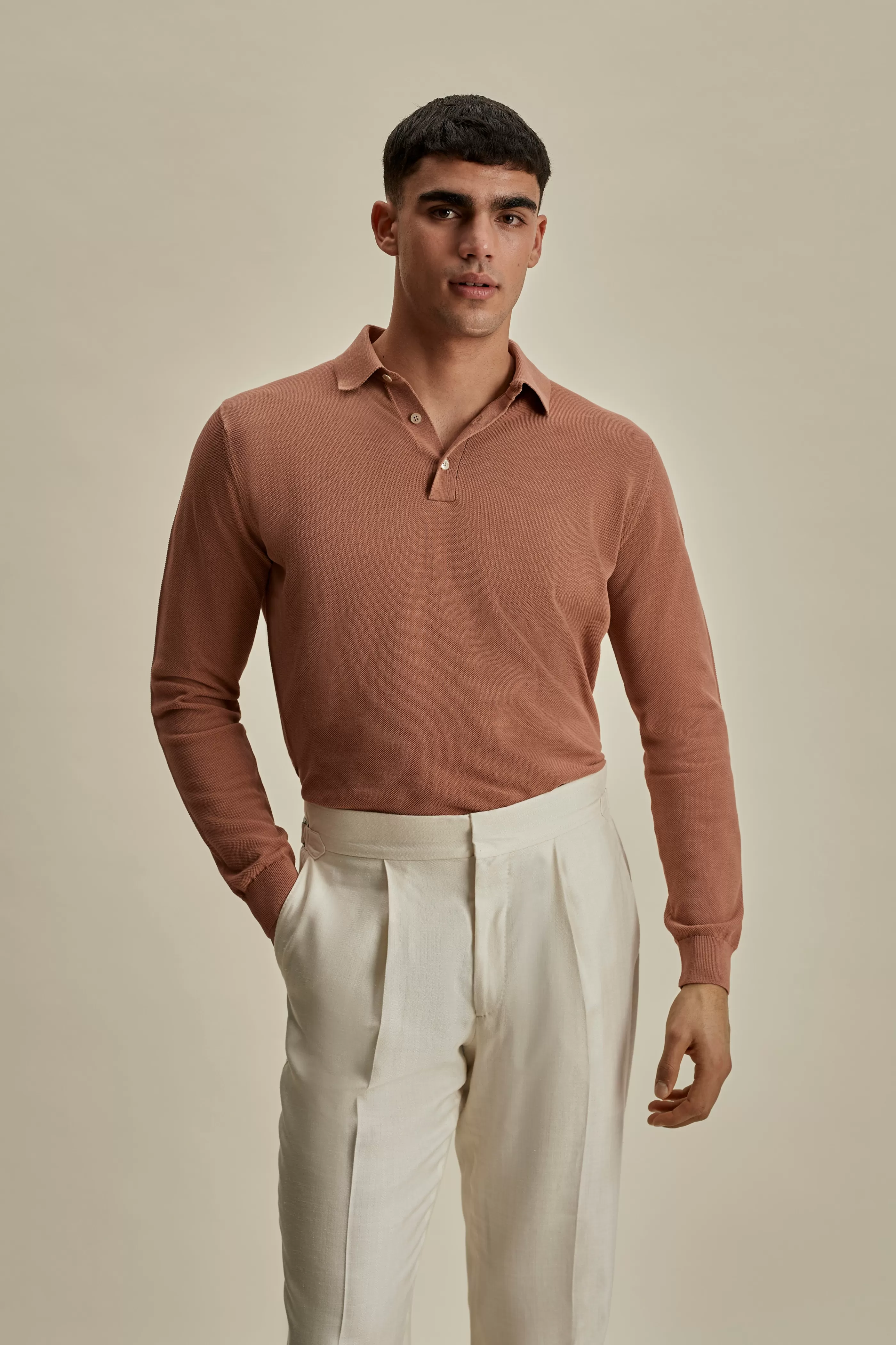 Thom Sweeney Cotton Air Crepe Long Sleeve Polo Shirt