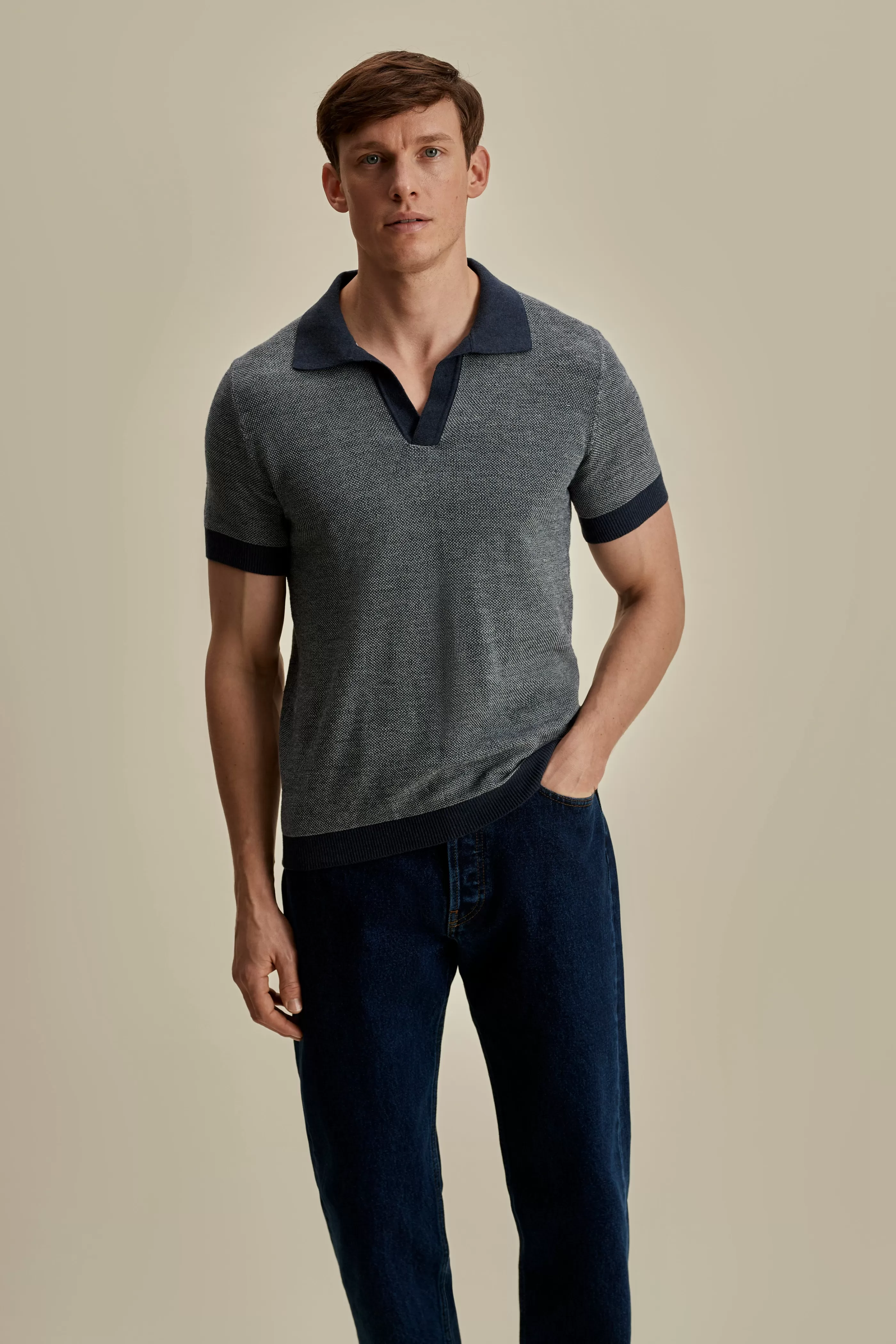Thom Sweeney Cotton Linen Contrast Knitted Polo Shirt