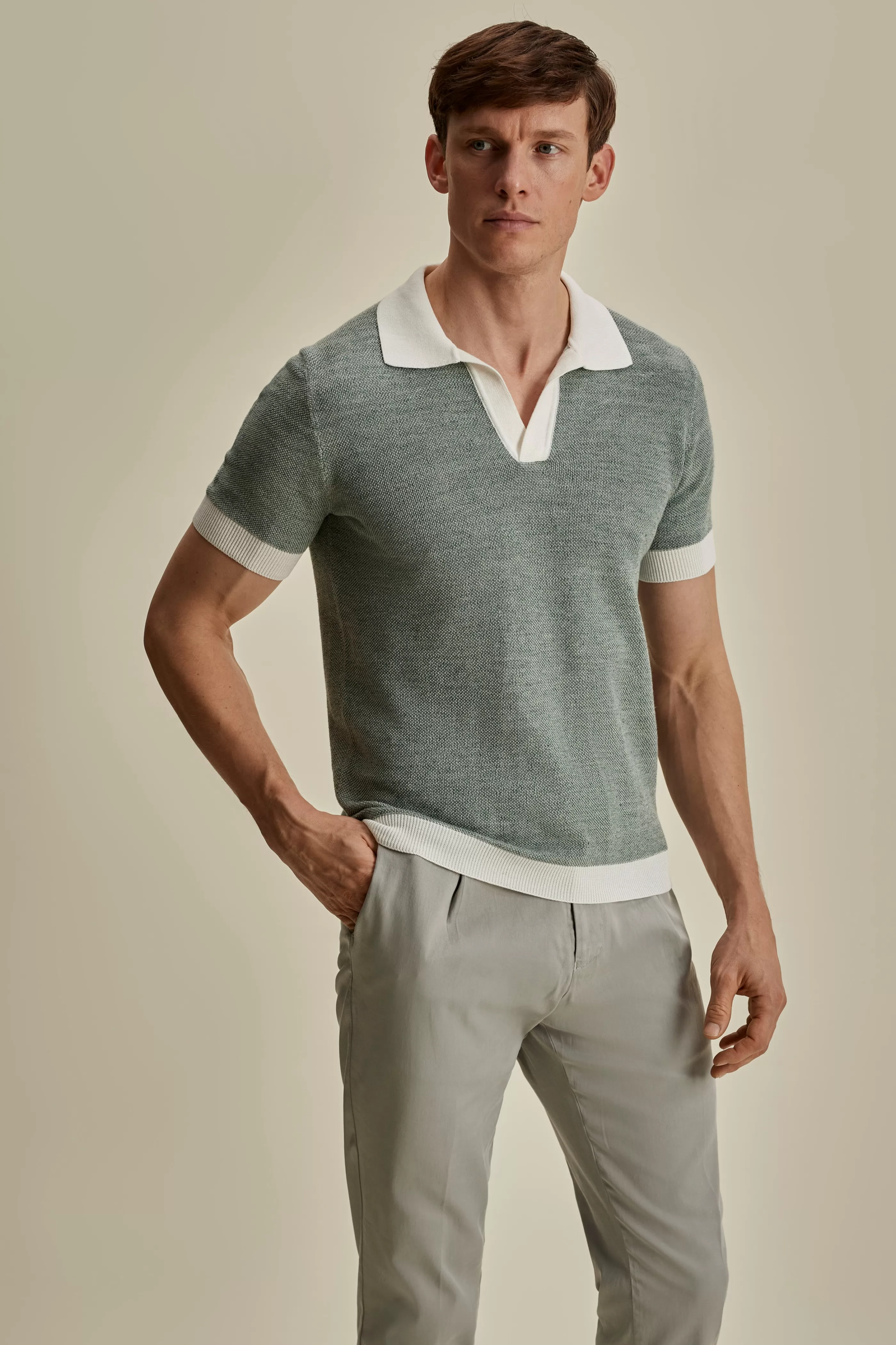 Thom Sweeney Cotton Linen Contrast Knitted Polo Shirt