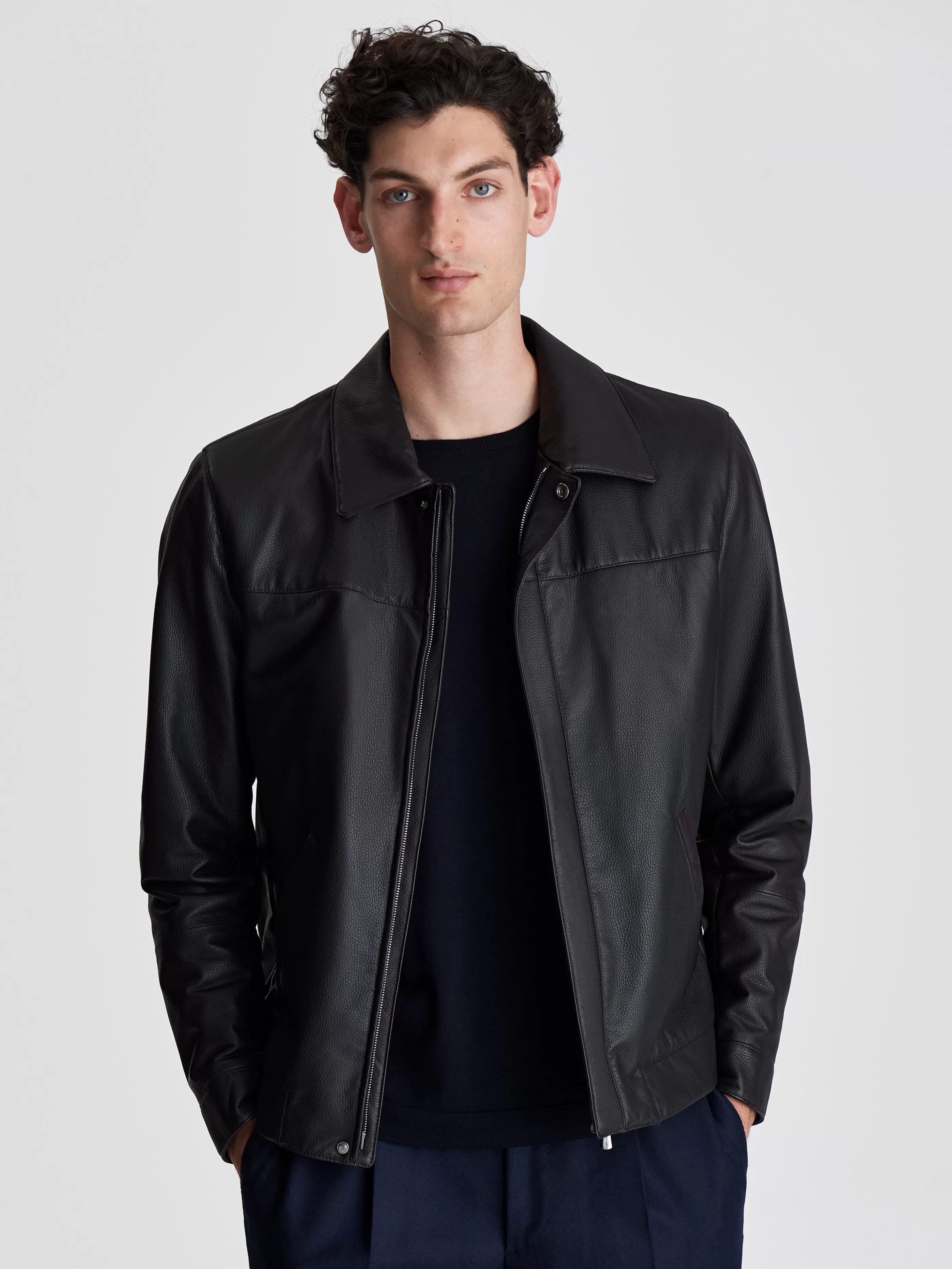 Thom Sweeney Leather Shirt Collar Bomber Jacket