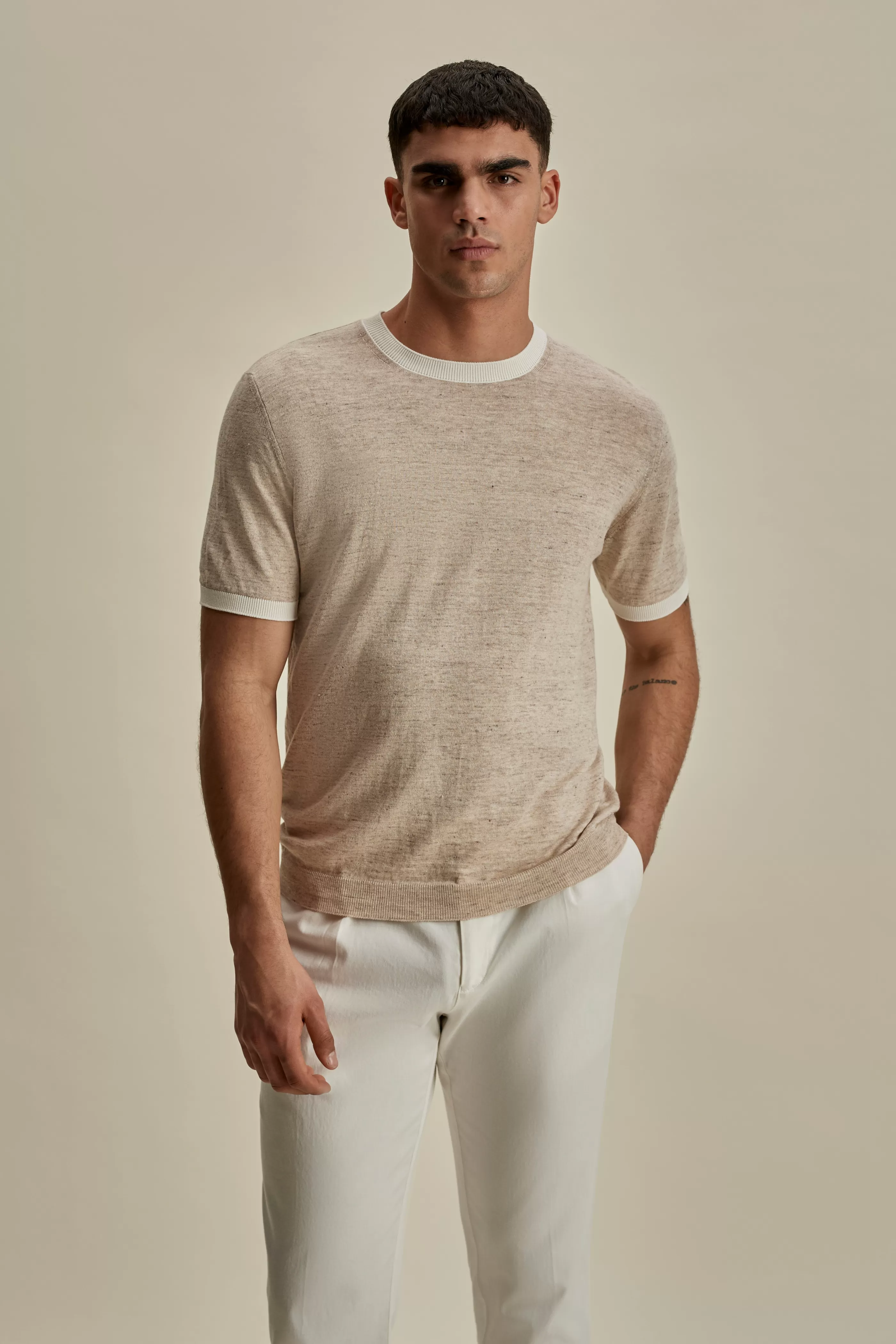 Thom Sweeney Linen Cotton Contrast Rib T-Shirt