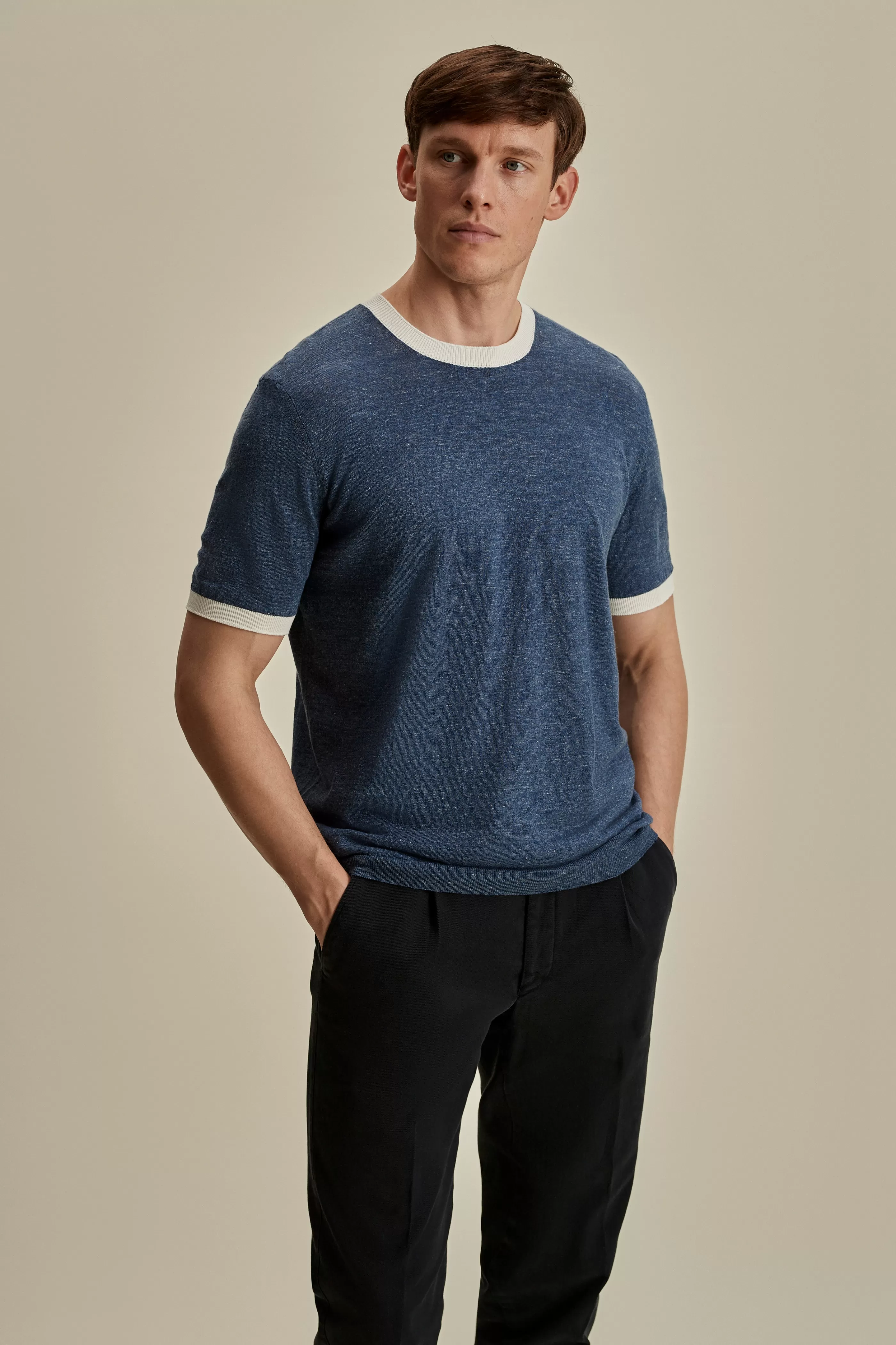 Thom Sweeney Linen Cotton Contrast Rib T-Shirt