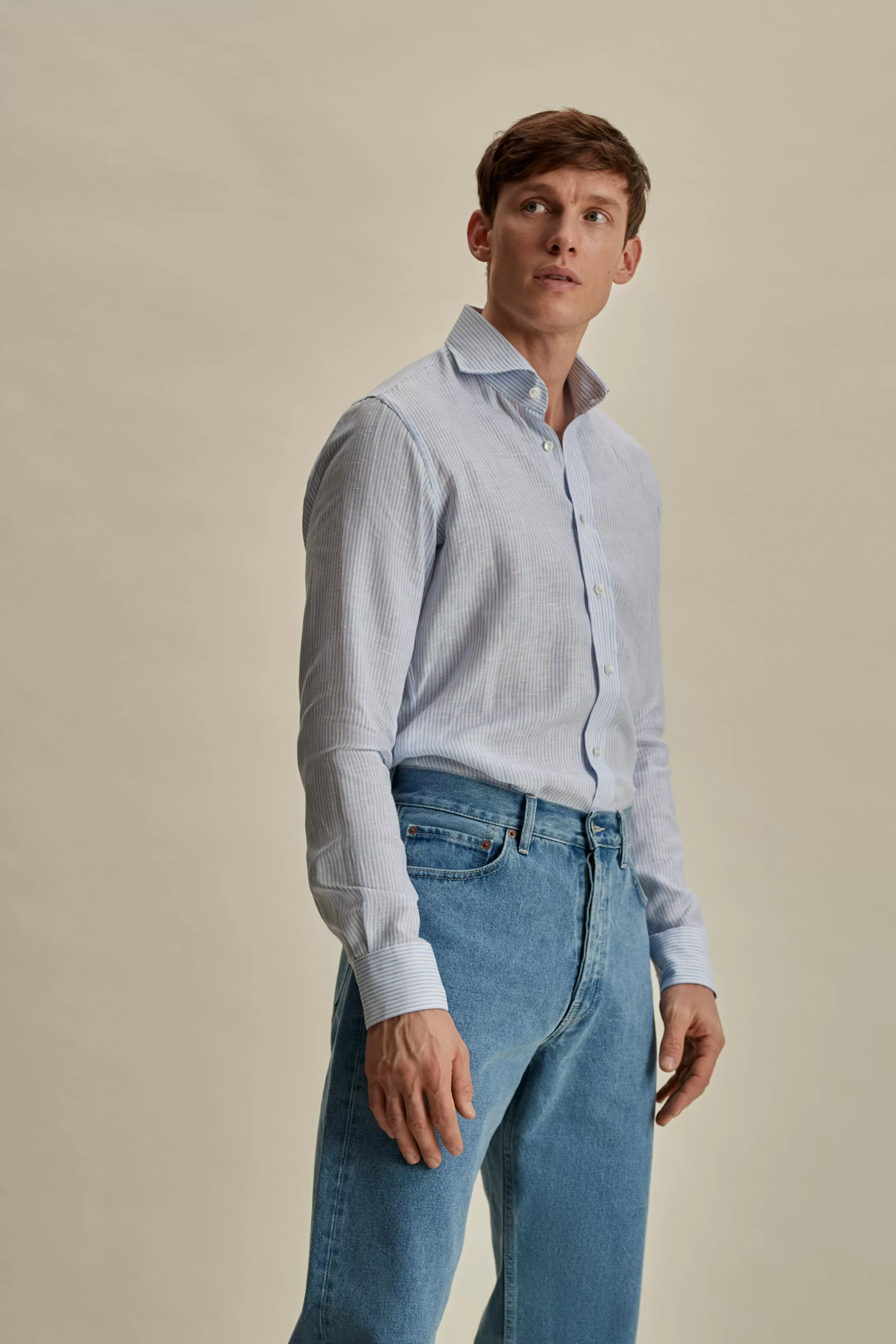 Thom Sweeney Linen Striped Cutaway Collar Shirt