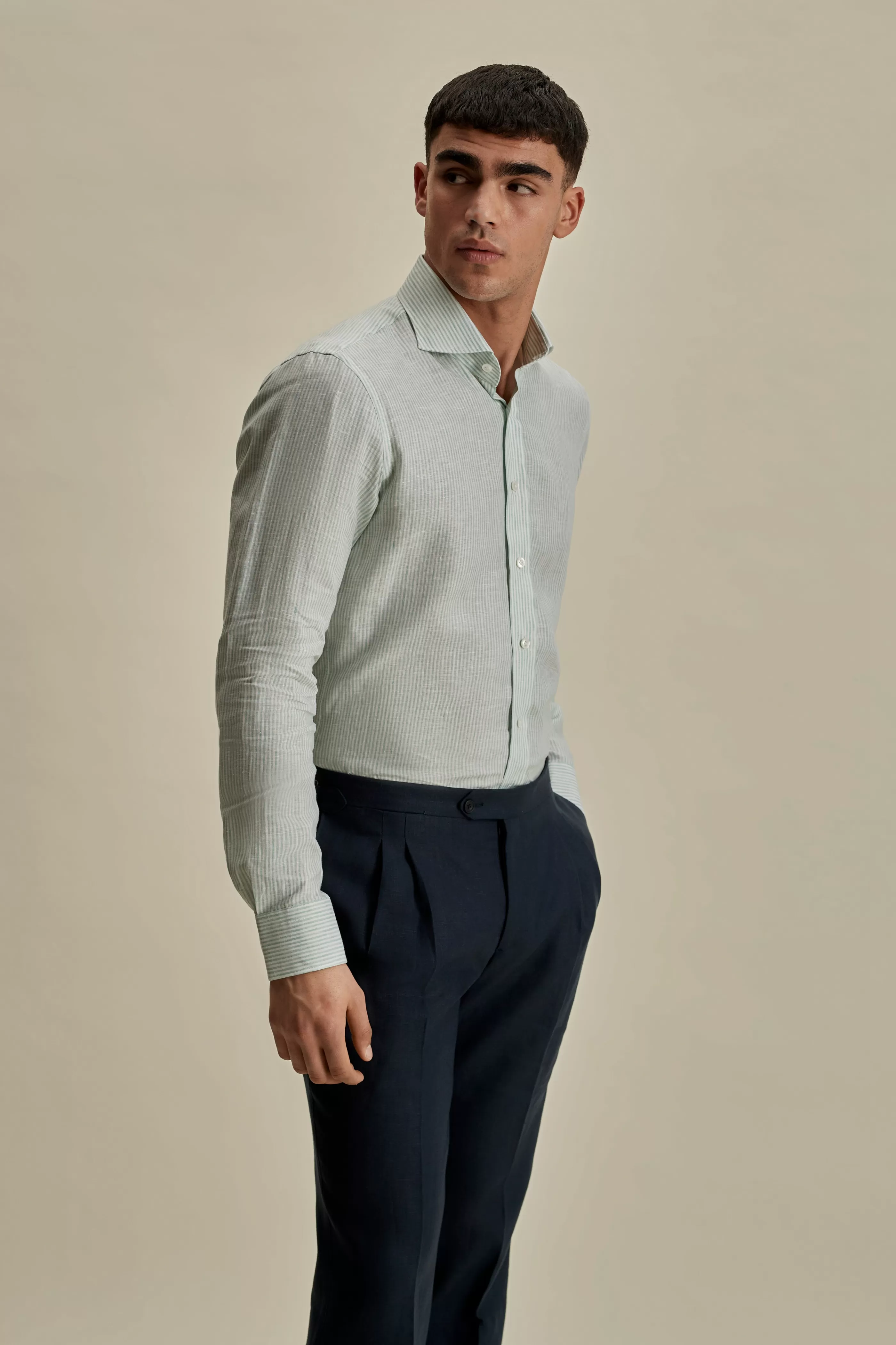 Thom Sweeney Linen Striped Cutaway Collar Shirt