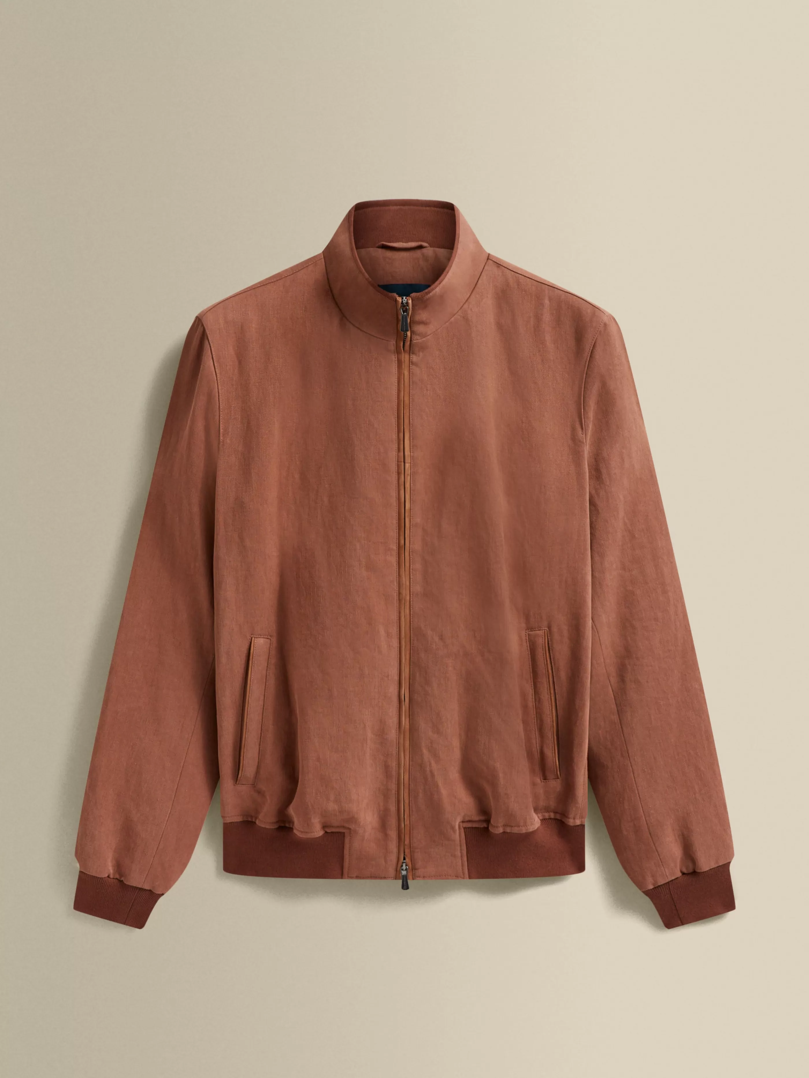 Thom Sweeney Linen Zip-Through Mock Collar Bomber Jacket