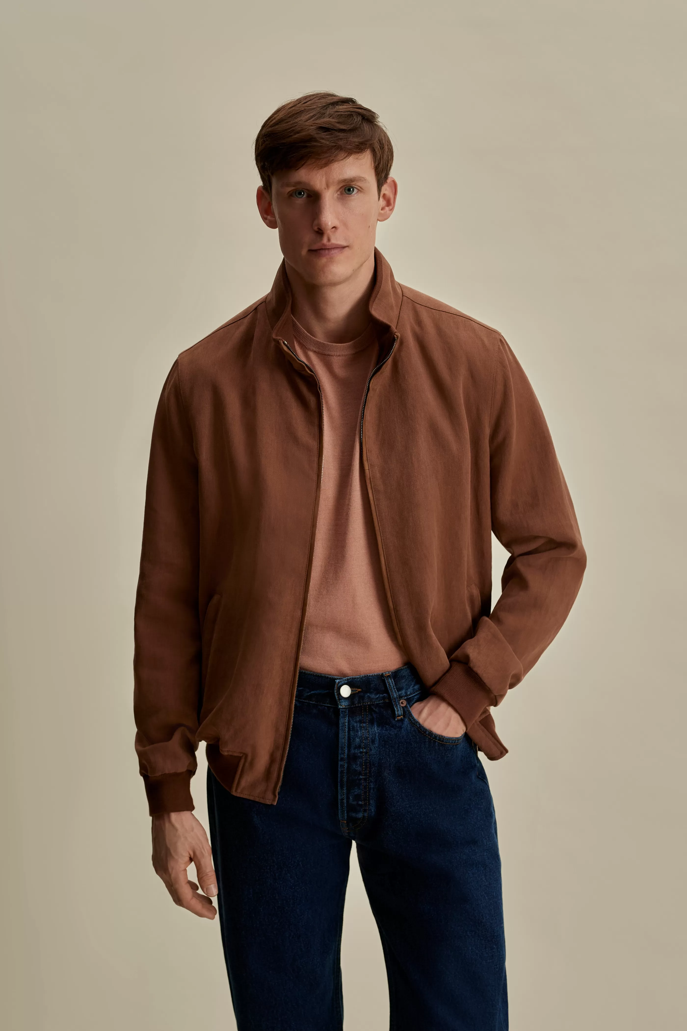 Thom Sweeney Linen Zip-Through Mock Collar Bomber Jacket