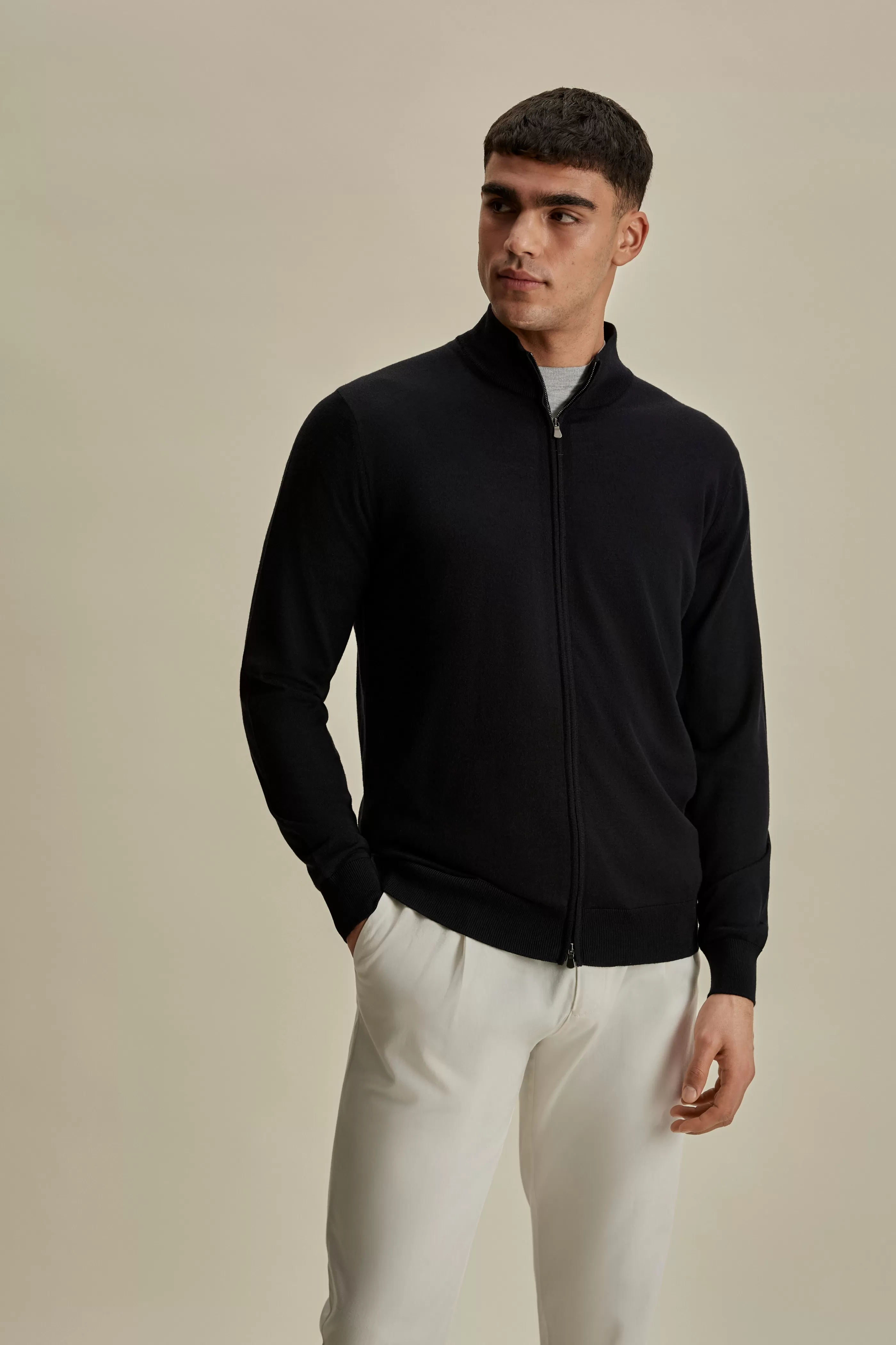 Thom Sweeney Merino Wool Zip-Through Mock Neck Knit