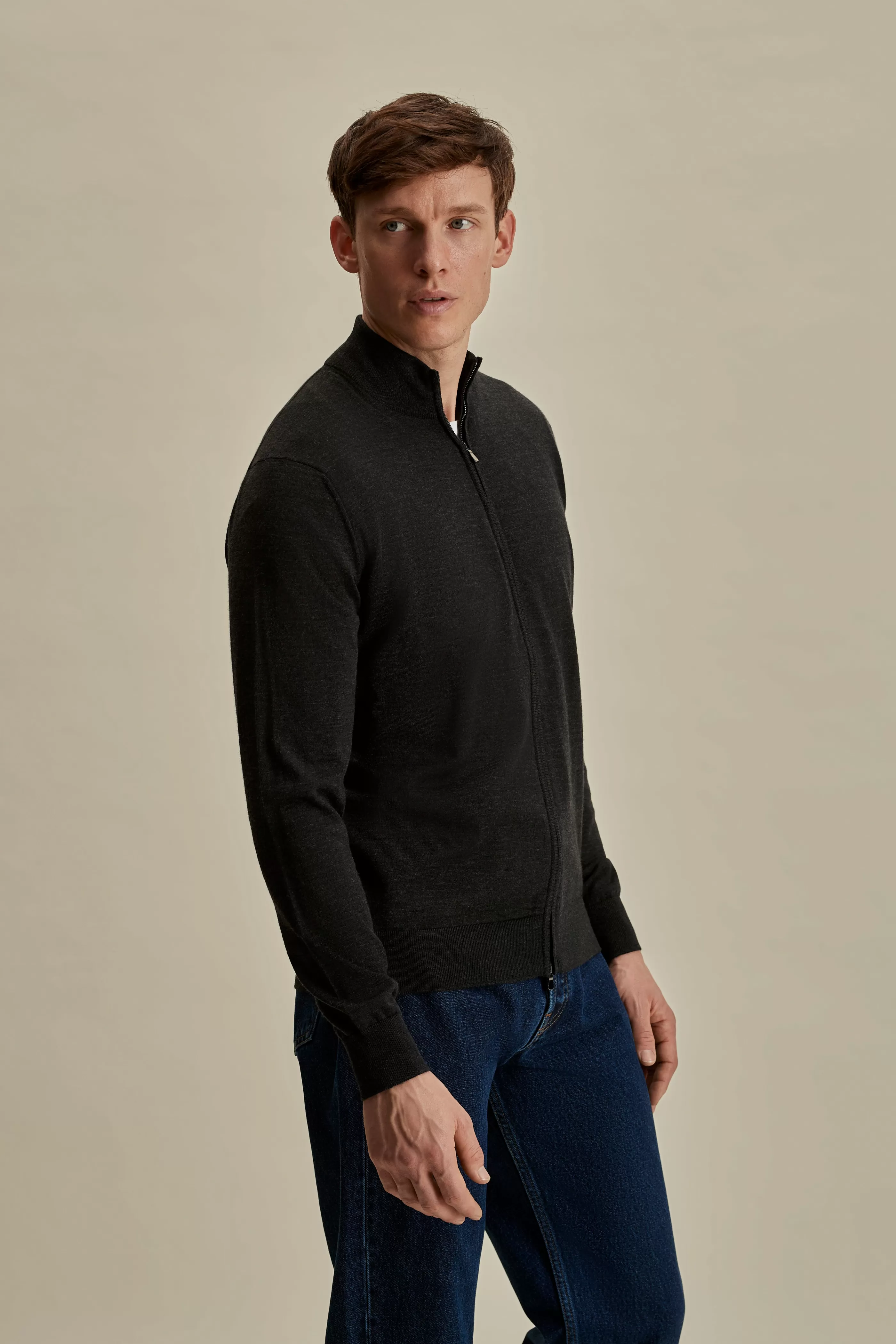 Thom Sweeney Merino Wool Zip-Through Mock Neck Knit