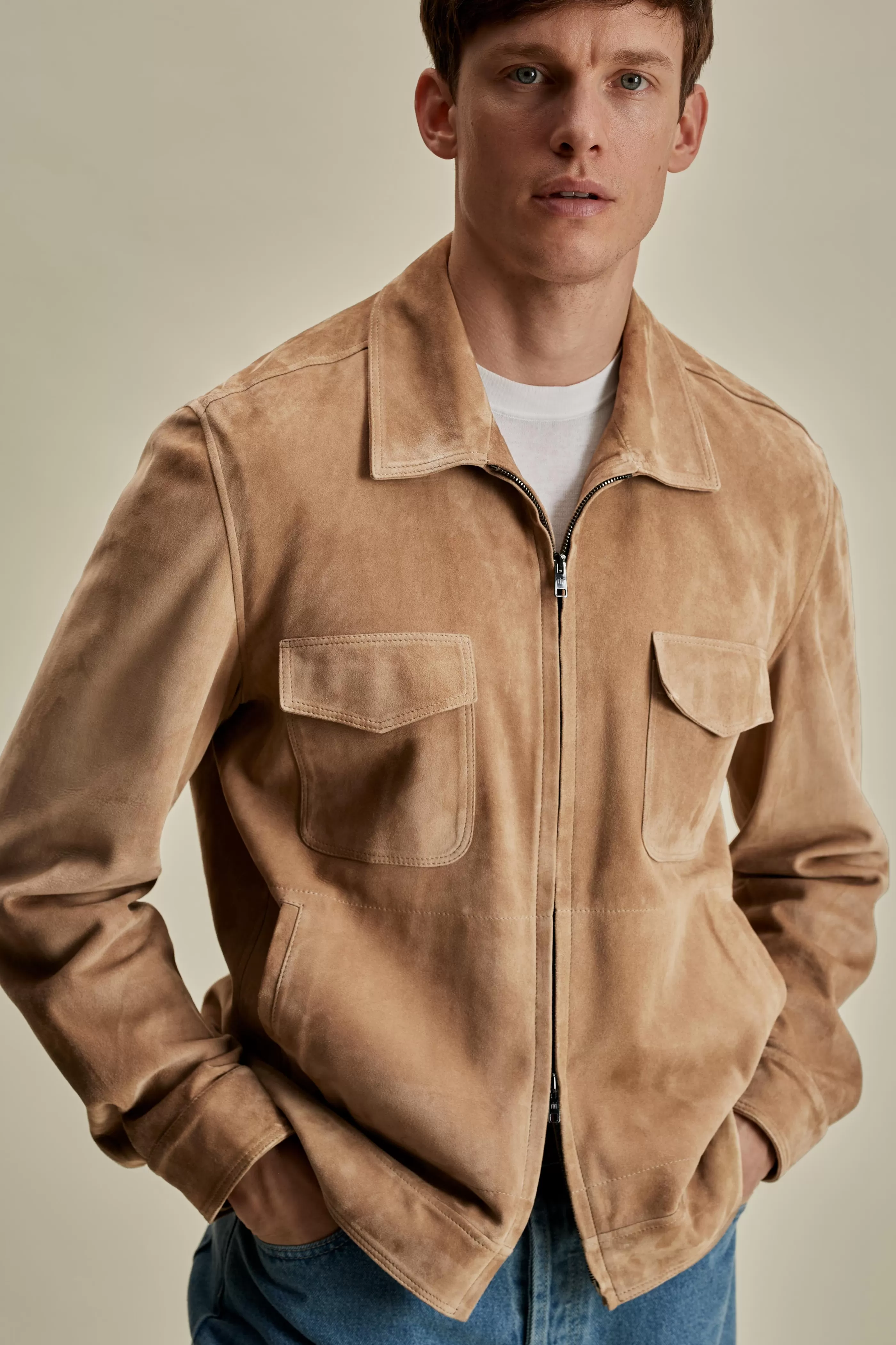 Thom Sweeney Suede Zip Through Pocket Bomber Jacket