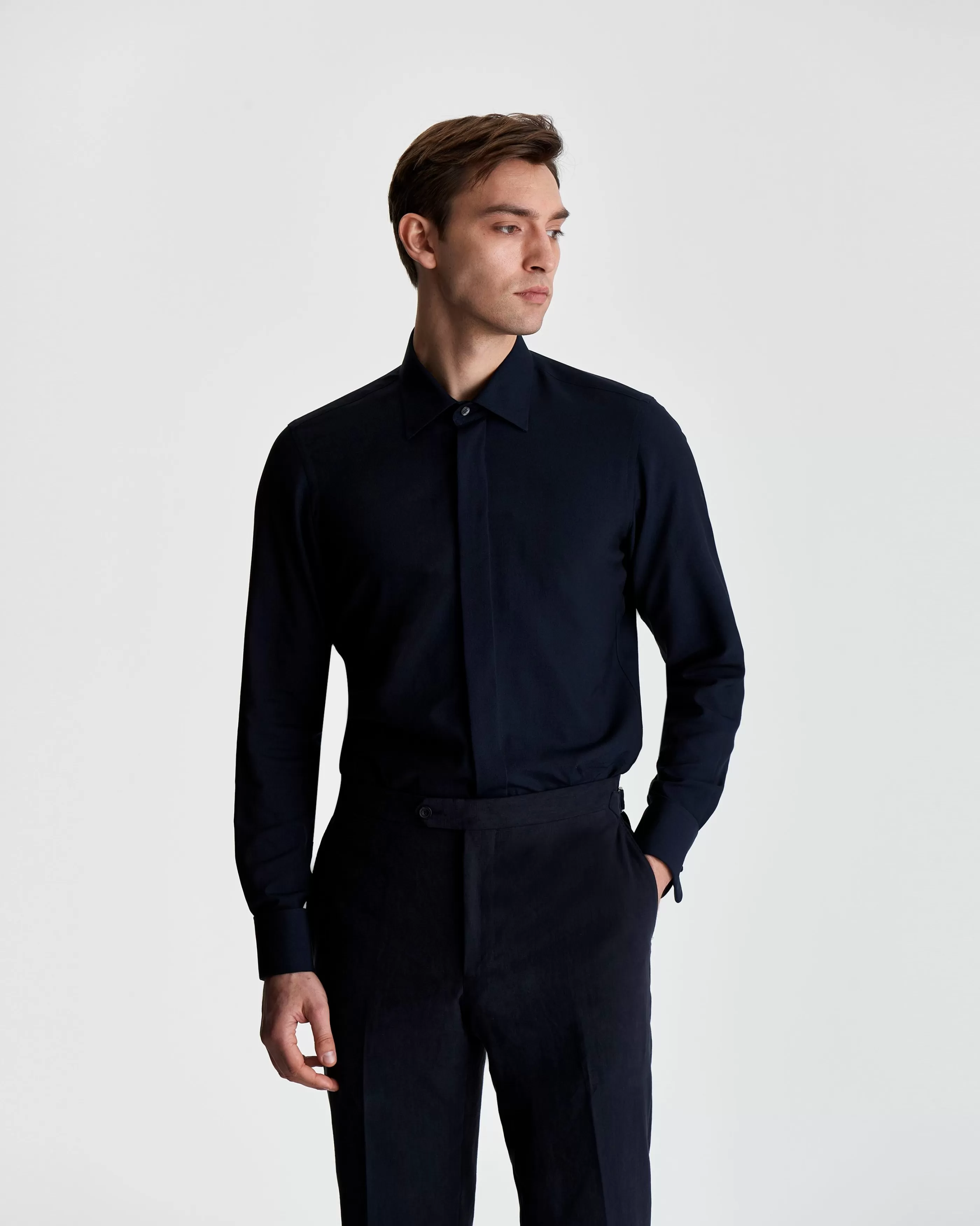 Thom Sweeney Wool Silk Fly Front Dress Shirt